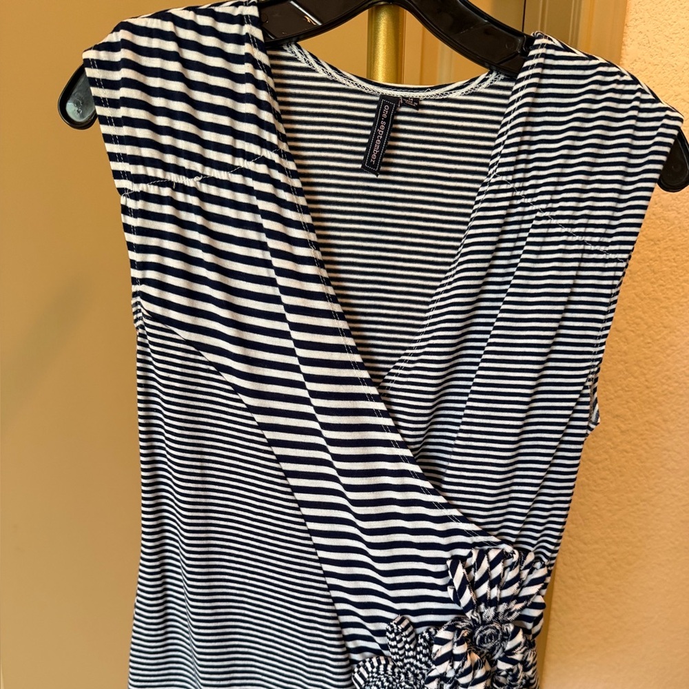 Striped Navy & White Wrap-Style Blouse with Floral Accent